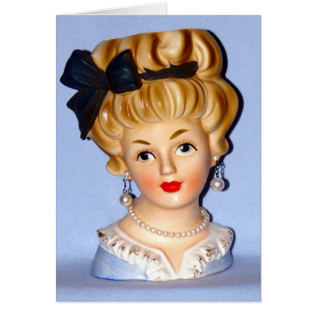 Vintage Lady Head Vase Adolescente no Cartão Azul  (Frente)