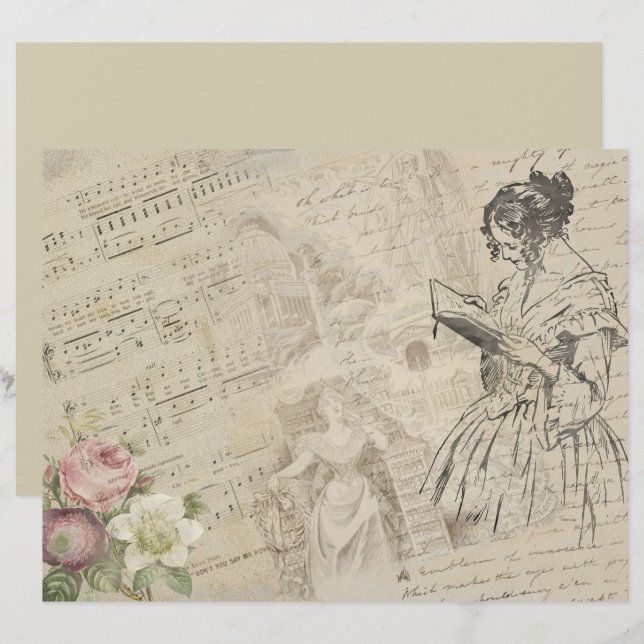 Vintage Lady Script Music Sheet Scrapbook Paper (Frente/Verso)