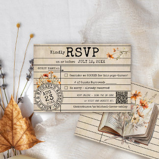 Vintage Library Card Books Fall Wedding RSVP Card