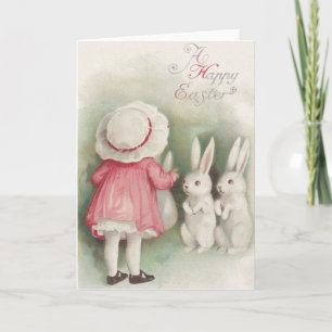 Vintage Little Girl And Easter Bunnies - Cartão De