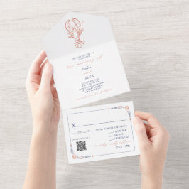 Vintage Lobster Red & Blue RSVP QR Beach Weding