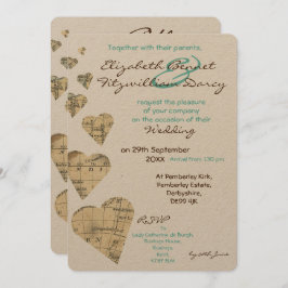 Vintage Map Hearts Wedding Convite