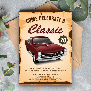 Vintage Maroon Red Car Convite de Aniversário Clás