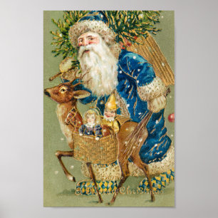 VINTAGE MERRISTMAS BLUE SANTA CLAUSE POSTER