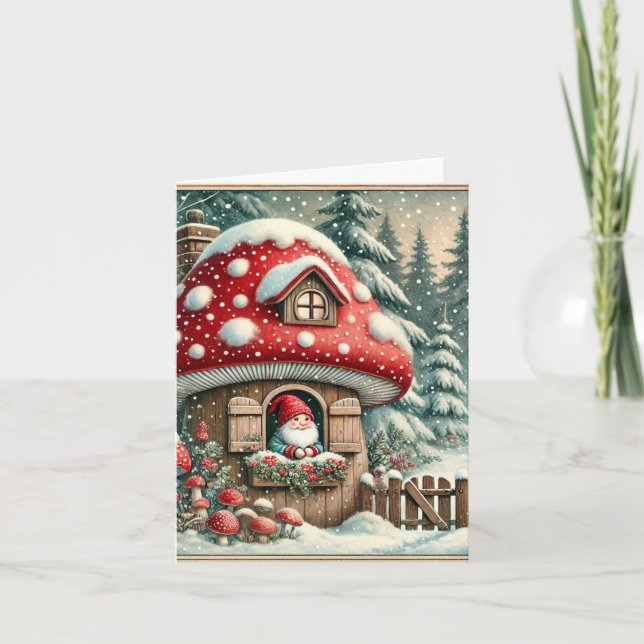 Vintage Mushroom House Cartão de Natal com Gnome (Frente)