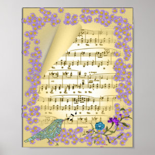 Vintage Music Bird Floral Poster