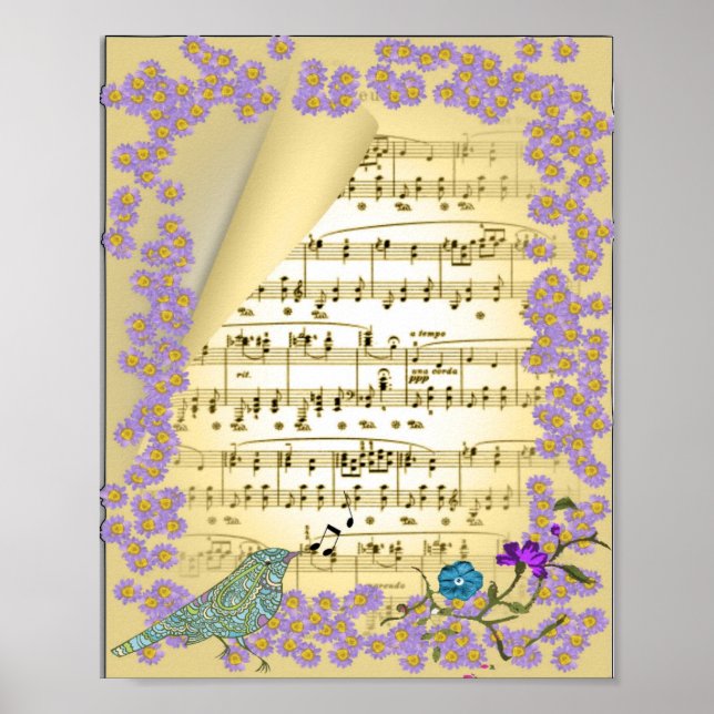 Vintage Music Bird Floral Poster (Frente)