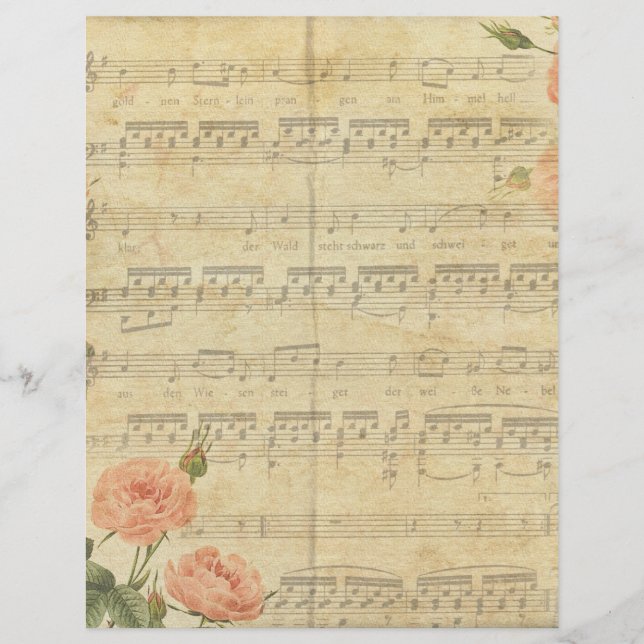 Vintage Music Notes Floral Aged Scrapbook Paper (Frente)