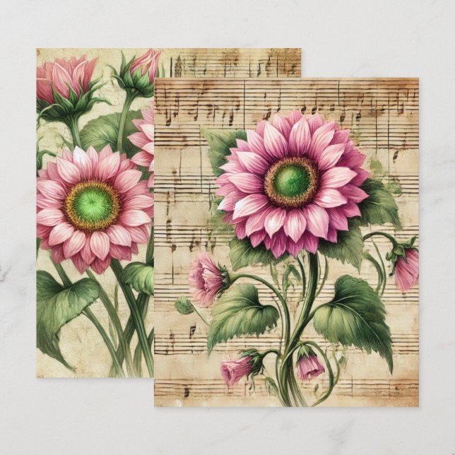 Vintage Music Pink & Green Sunflower Scrapbook (Frente/Verso)
