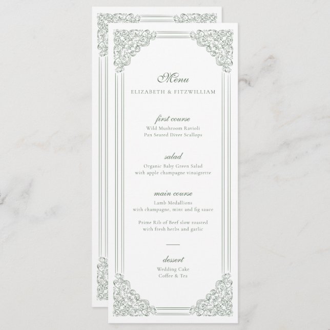 Vintage Muted Green Frame Weding Menu + Obrigado (Frente/Verso)