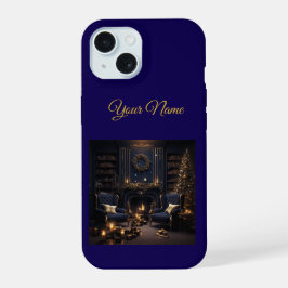 Vintage Navy Blue & Gold Christmas iPhone 15 Slim
