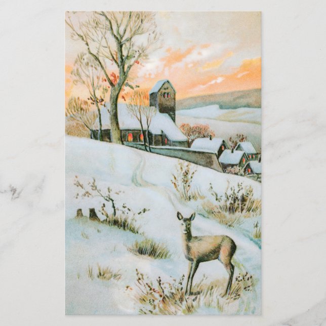 Vintage neve, paisagem de inverno com veado (Frente)