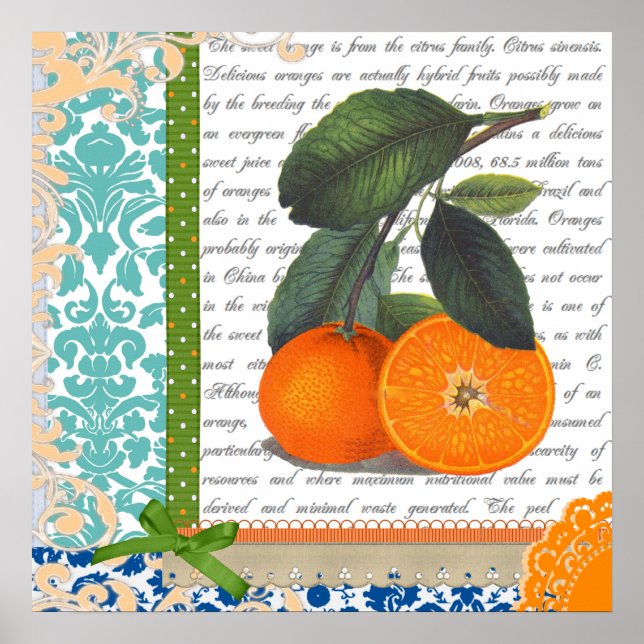 Vintage Orange Fruta Kitchen art Poster (Frente)