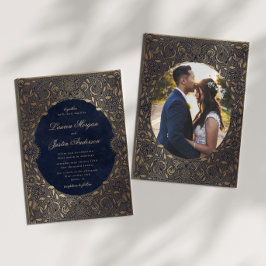 Vintage Ornament Dourado Foto Casamento Convite