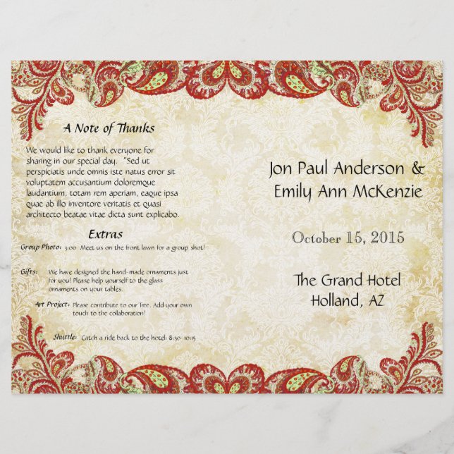 Vintage Paisley Peacock Red Wedding Program (Frente)