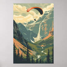 Vintage Paragliding Voando no Poster das montanhas