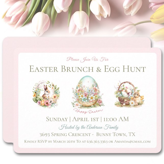 Vintage Páscoa Brunch Ovo, Convite Rosa (Vintage Easter Brunch Egg Hunt Pink Invitation)