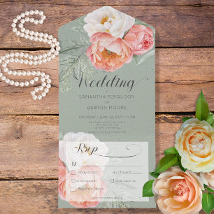 Vintage Peach Peonies no Janto Verde Sage