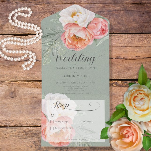 Vintage Peach Peonies no Verde Sage Sem Janto (Criador carregado)