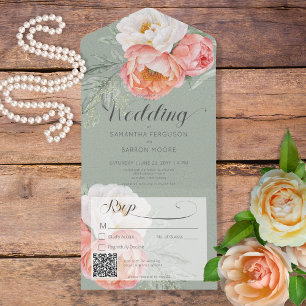 Vintage Peach Peonies on Sage Green QR Code