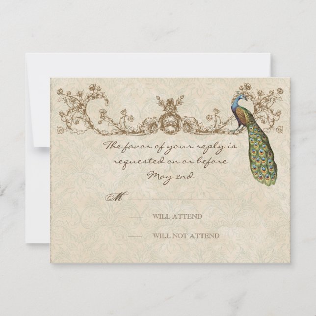 Vintage Peacock & Etchings Cartão RSVP de Casament (Frente)