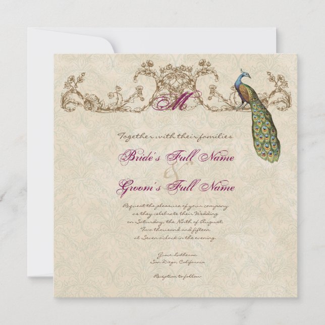 Vintage Peacock & Etchings Convite De Casamento (Frente)