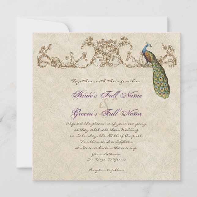 Vintage Peacock & Etchings Convite De Casamento (Frente)