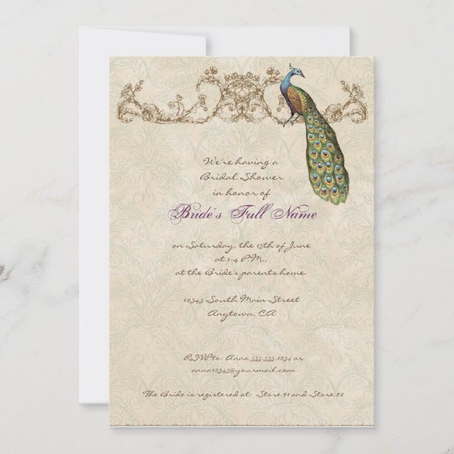 Vintage Peacock & Etchings Convite De Casamento (Frente)