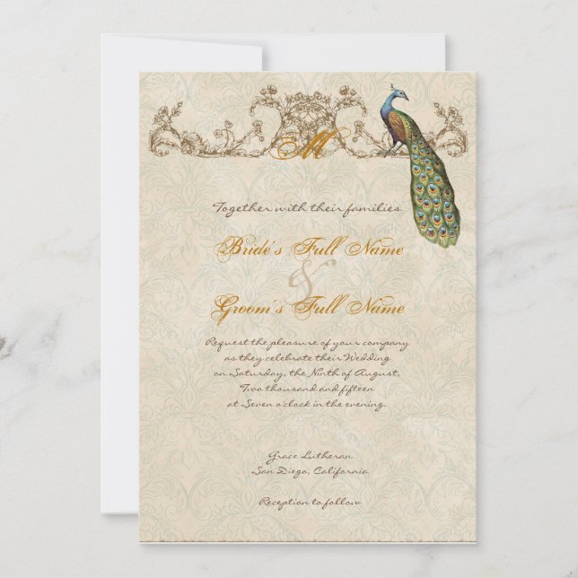 Vintage Peacock & Etchings Convite De Casamento (Frente)