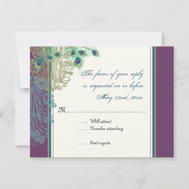 Vintage Peacock, placa de resposta RSVP de Penas (Frente)
