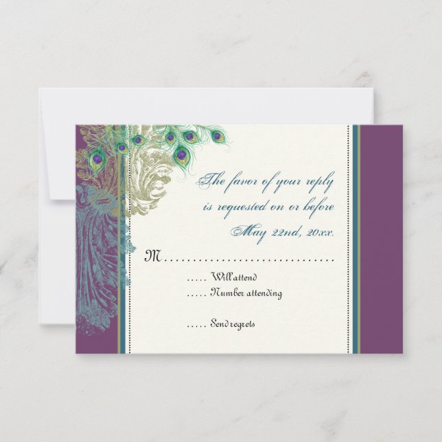Vintage Peacock, placa de resposta RSVP de Penas (Frente)