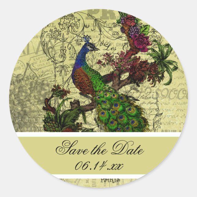 Vintage Peacock Salve os adesivos Rondos de Datas (Frente)