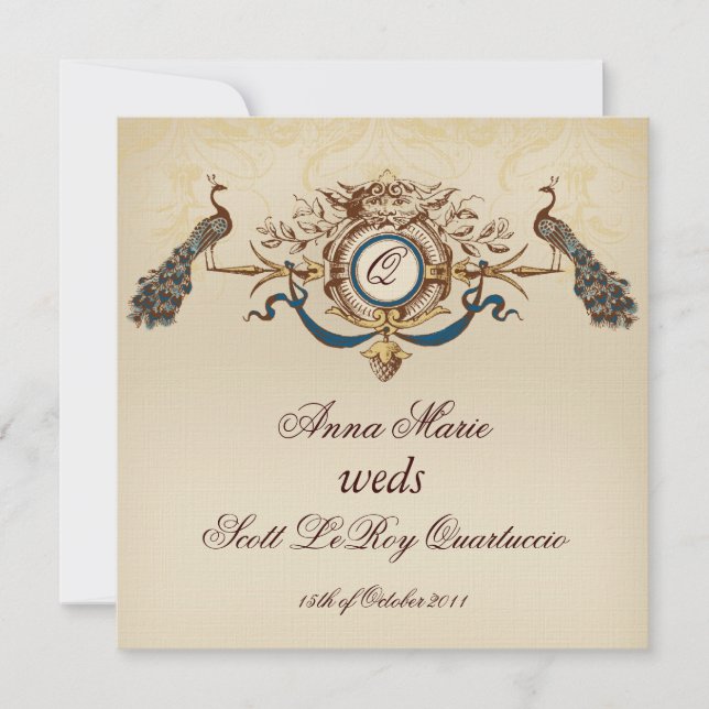 Vintage Peacock Square Casamento Convite Linen #6 (Frente)