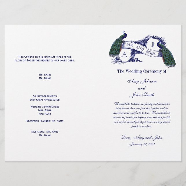 Vintage Peacock Wedding Program (Frente)