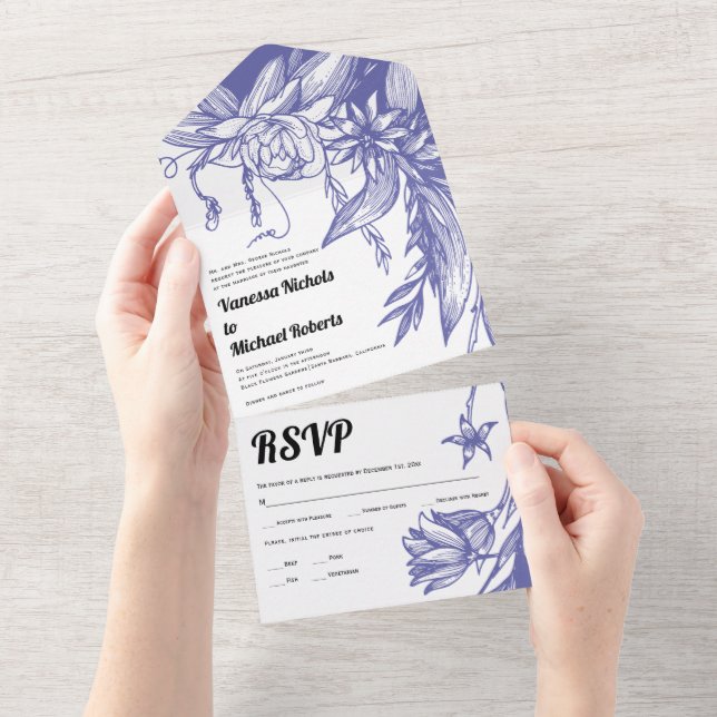 Vintage periwinkle Blue Line art flores casamento (Tearaway)
