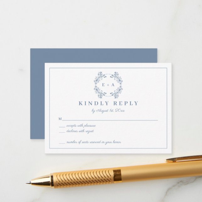 Vintage Periwinkle Monograma - Cartão RSVP de Casa (Frente/Verso In Situ)