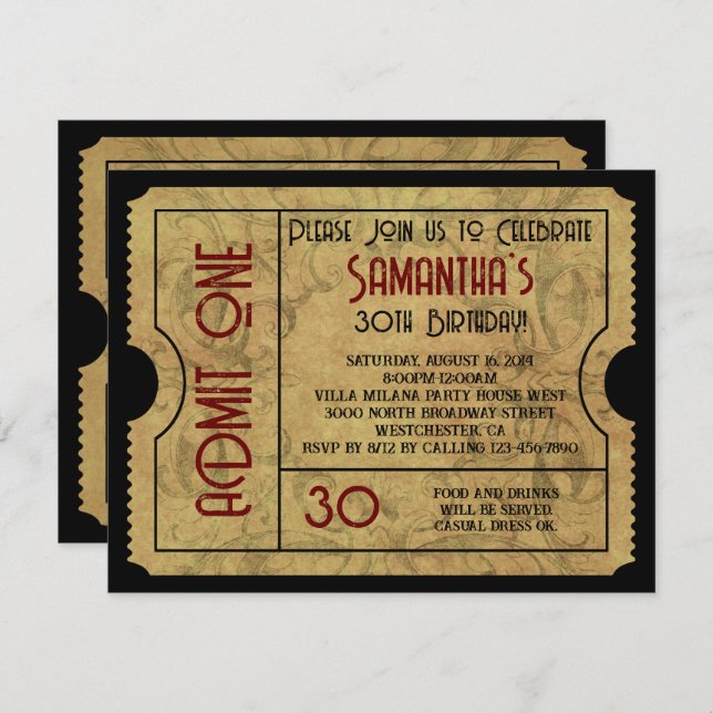 Vintage Personalizada Admitir Convites de Um Bilhe (Frente/Verso)
