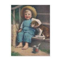 Vintage pescador com cartão postal de cão