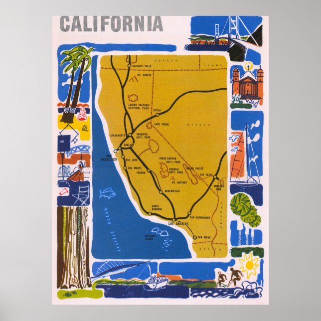 Vintage Pictorial California Map Poster 1950 (Frente)