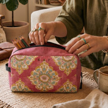 Vintage Pink Damask Monogram Toiletry Pencil Pouch