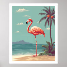 Vintage Pink Flamingo na praia Poster