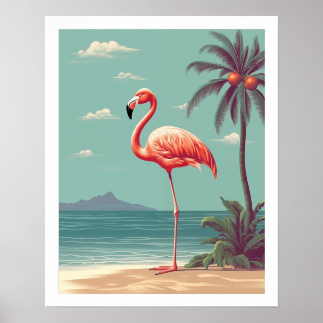 Vintage Pink Flamingo na praia Poster (Frente)