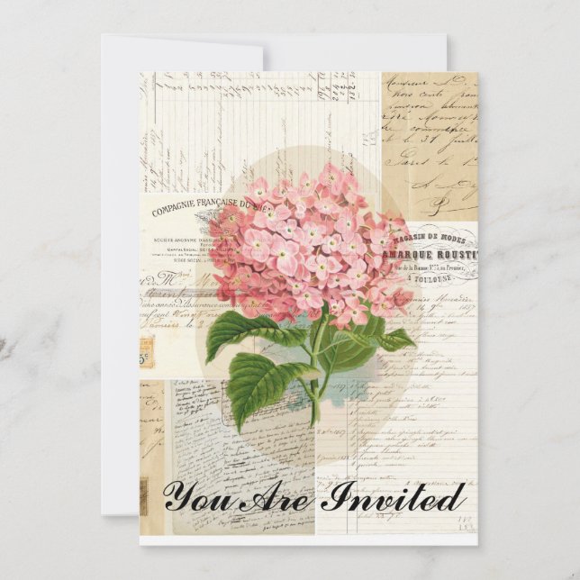 Vintage Pink Hydrangea Convite Francês Para Epheme (Frente)