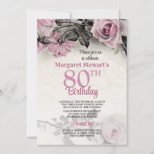 Vintage Pink Roses 80 Convite de Aniversário