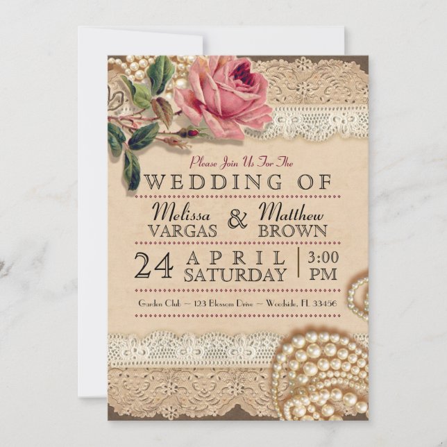 Vintage Pink Roses Convites De Casamento (Frente)