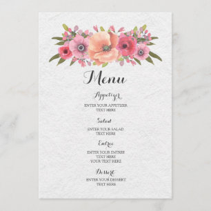 Vintage Pink Watercolor Flowers Menu de Casamento