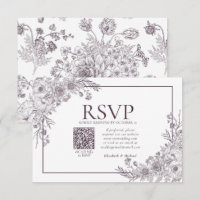 Vintage Plum Purple Floral Line Art QR Code RSVP