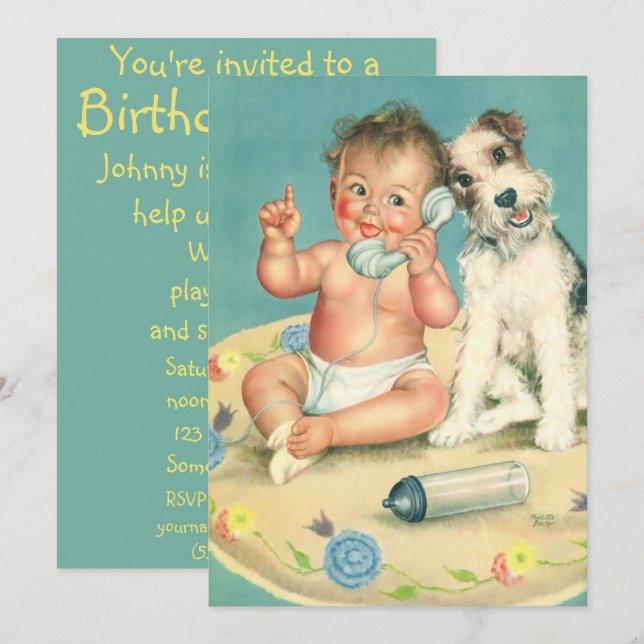 Vintage Puppy Dog Child Convite de aniversário (Frente/Verso)