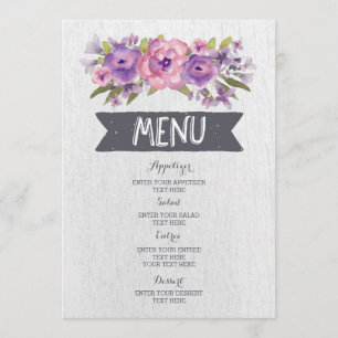 Vintage Purple Watercolor Flowers Menu de Casament