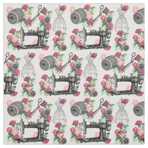 Vintage que Sewing o tecido cor-de-rosa dos rosas
